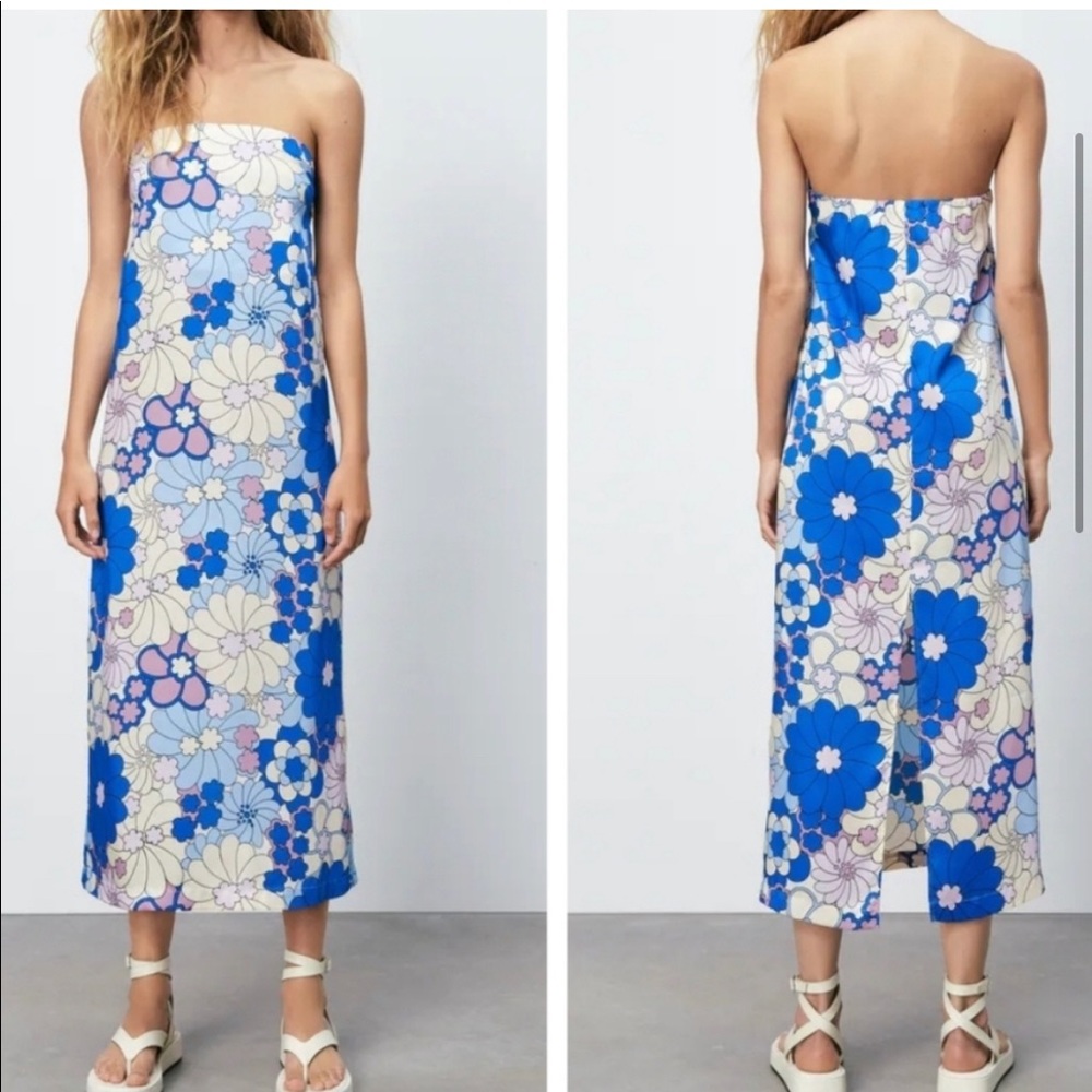 Zara Retro Mod Floral Strapless Midi Dress NWT Large